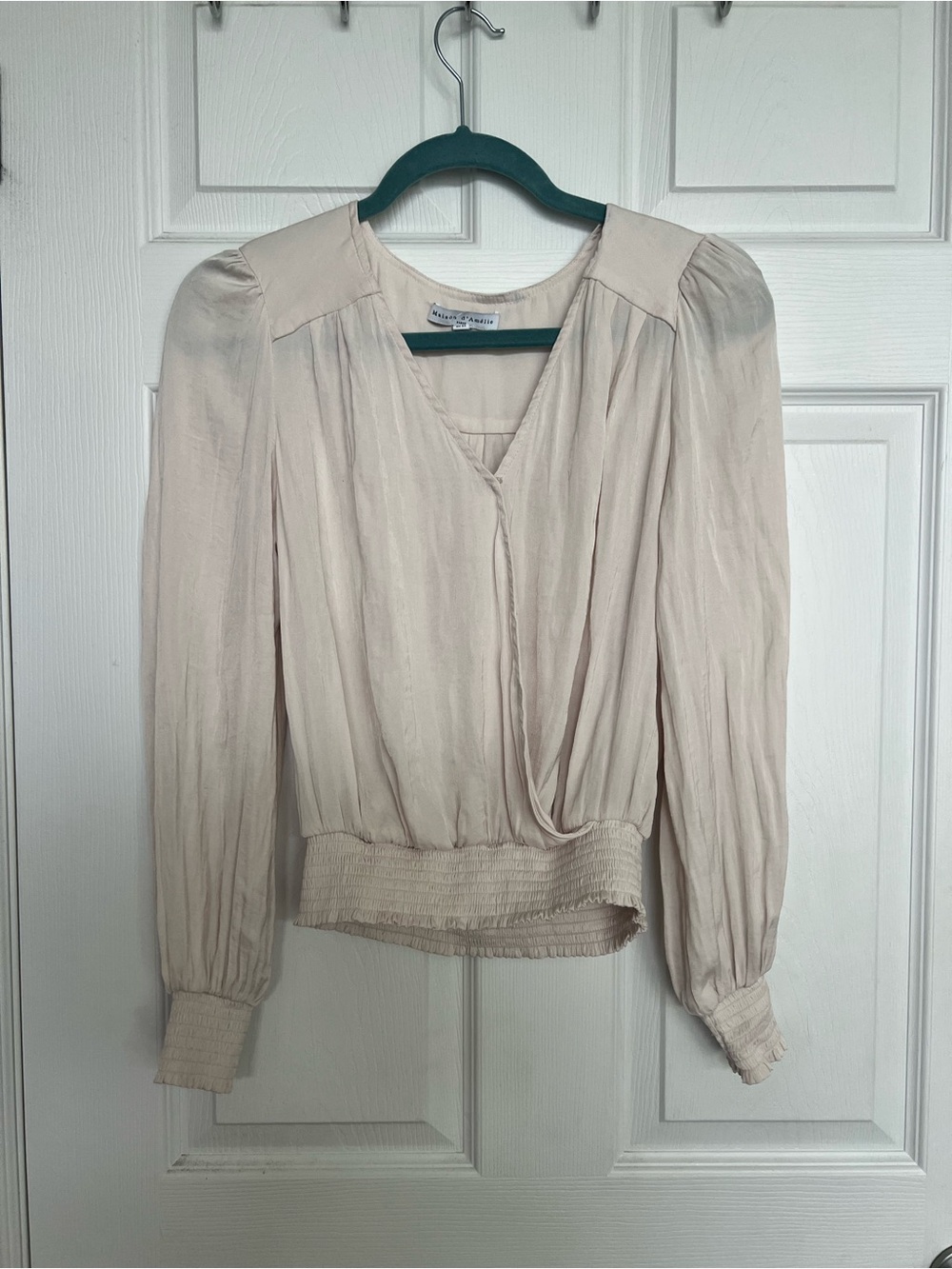 Maison D’Amelie Cream Long-Sleeve Smocked Waist Blouse